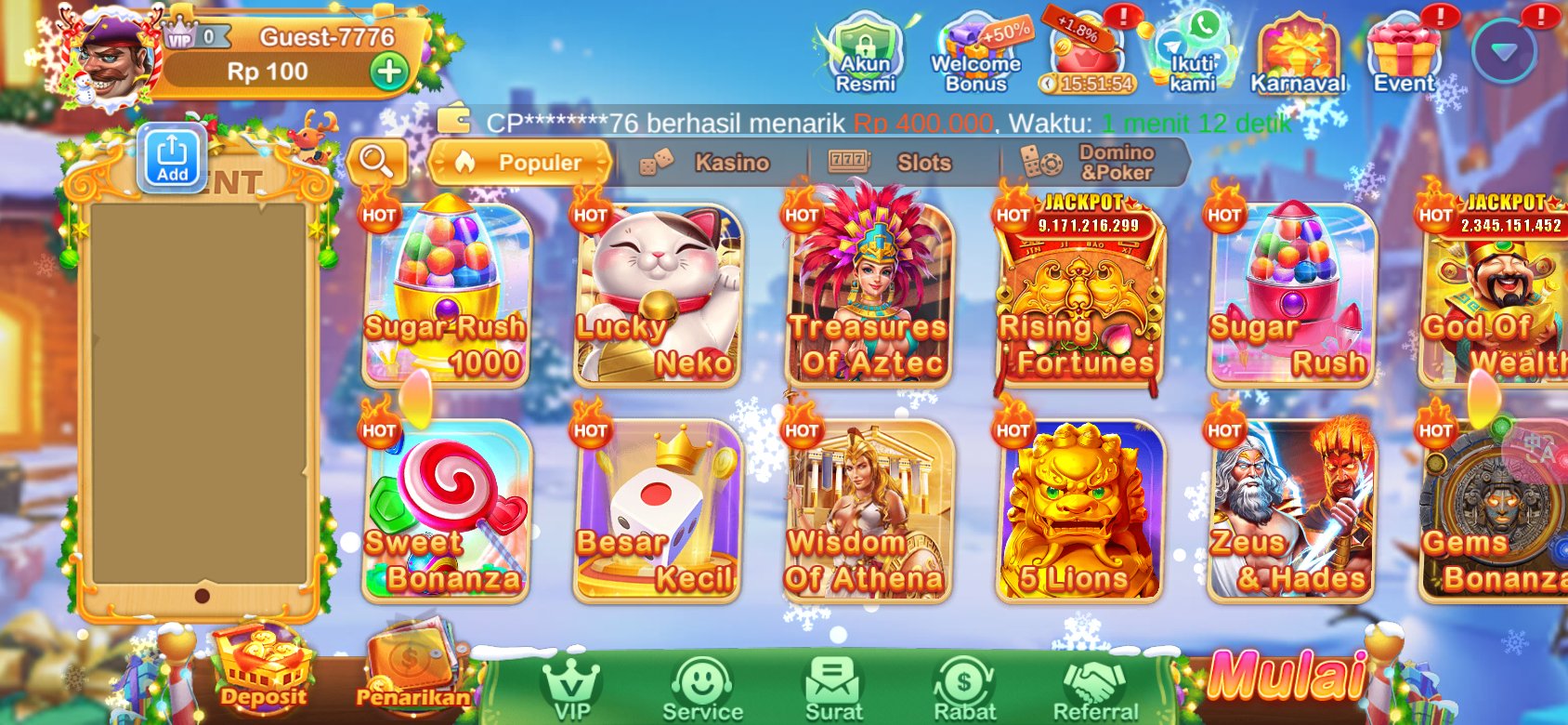 Raih jackpot besar di permainan slot seperti Sugar Rush dan Lucky Neko dengan sia777 APK.